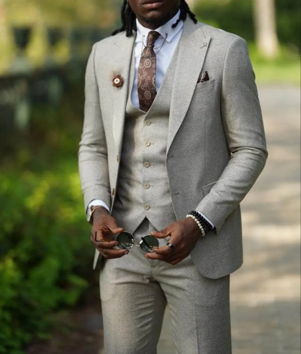 

Formal Peak Lapel Tweed Men's Suits Single Breasted Bespoke Slim Fit Male Tuxedos Three Pieces Jacket+Pants+Vest Costume Homme