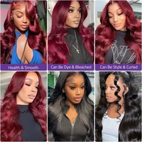 Perruque de cheveux humains ondulés bordeaux 99J de 30 pouces, perruque frontale en dentelle HD transparente 13x6, densité 250, pré-plumée et colorée 5