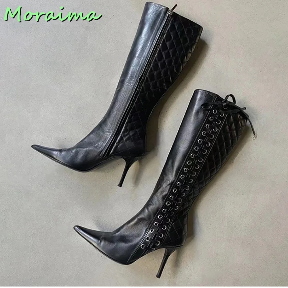Side Lace-Up Pointy Toe Long Boots Diamond Pattern Vintage Women Shoes Knee High Side Zipper Stiletto Heel Black Solid Leather