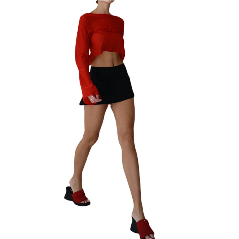 Top corto estético vintage de verano para mujer, camiseta de malla de manga larga con cordones, ropa de vendaje Y2K, camisetas casuales grunge