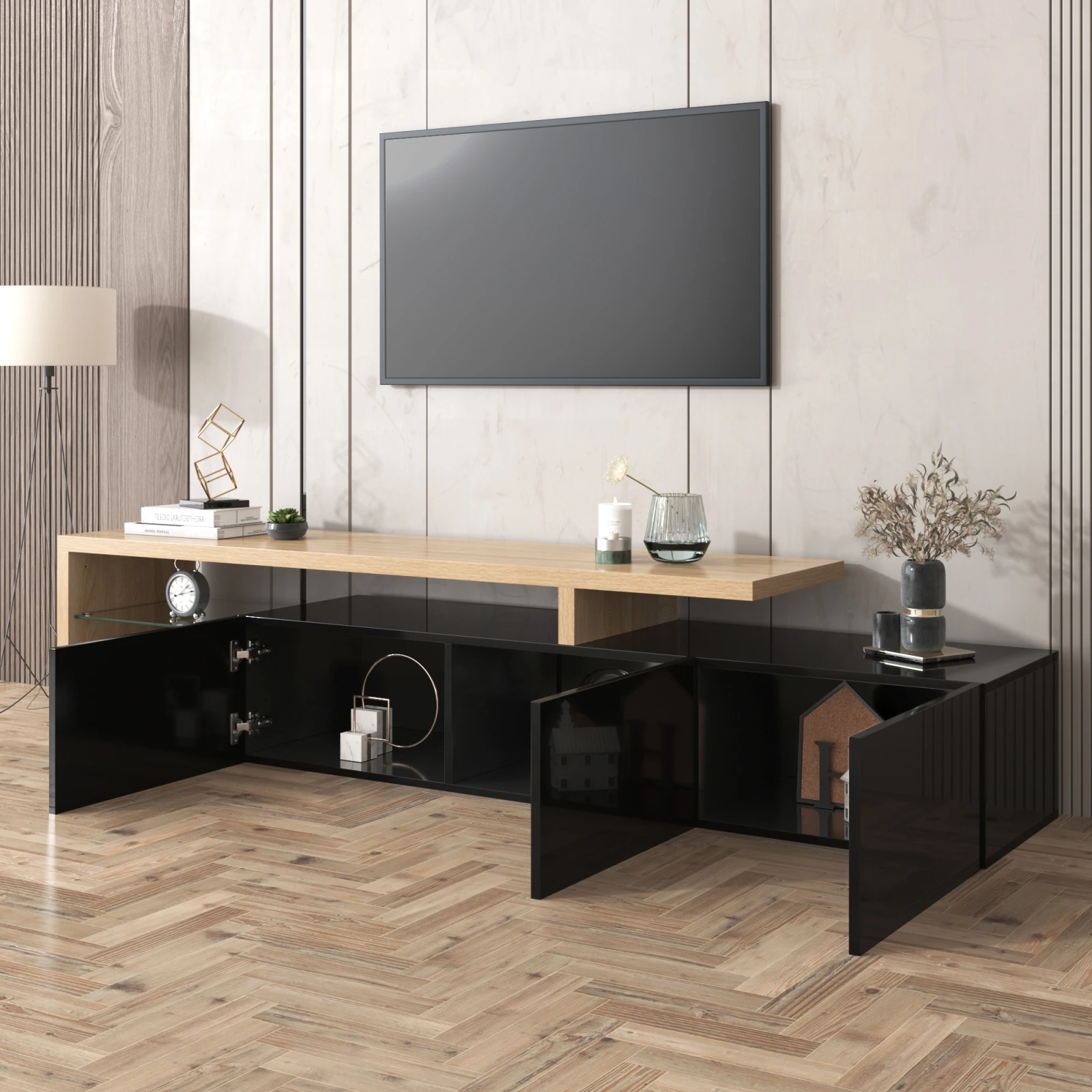 Rosahqnda Moderner TV-Schrank mit LED-Beleuchtung, 3 Stauräume, offene Regale, Hochglanz-Weiß, Holzoptik, Glasböden – Detail 10