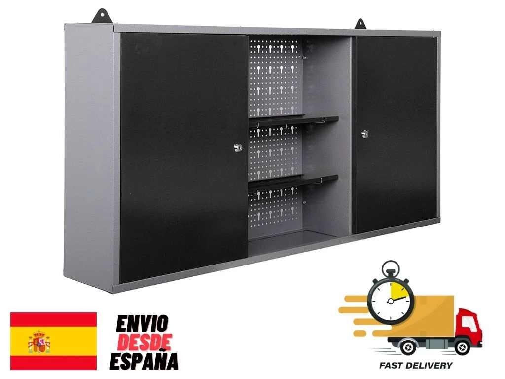 Armario Metálico de Pared Garaje Taller 120x60x20Cm tipo industrial, 2 Armarios con Cerradura y Llave,2 Estantes centrales y paneles perforados de metal. MB 03G (Gris/Negro)|Soportes y estanterías de almacenamiento| - AliExpress