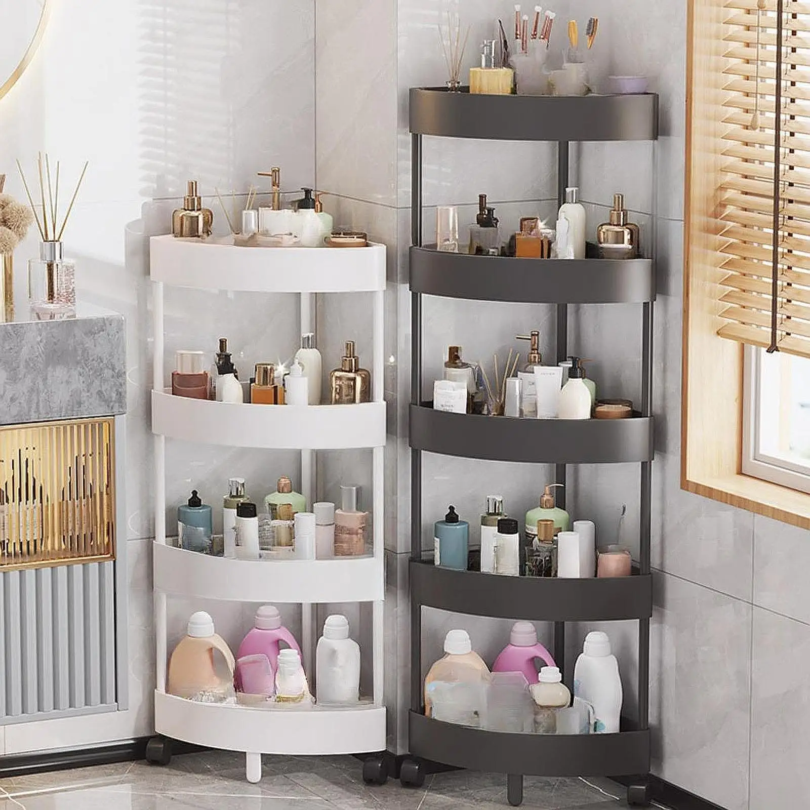 4-Layer Multipurpose Plastic Corner Rack Metal Pipe Floor Corner Shelf Basket