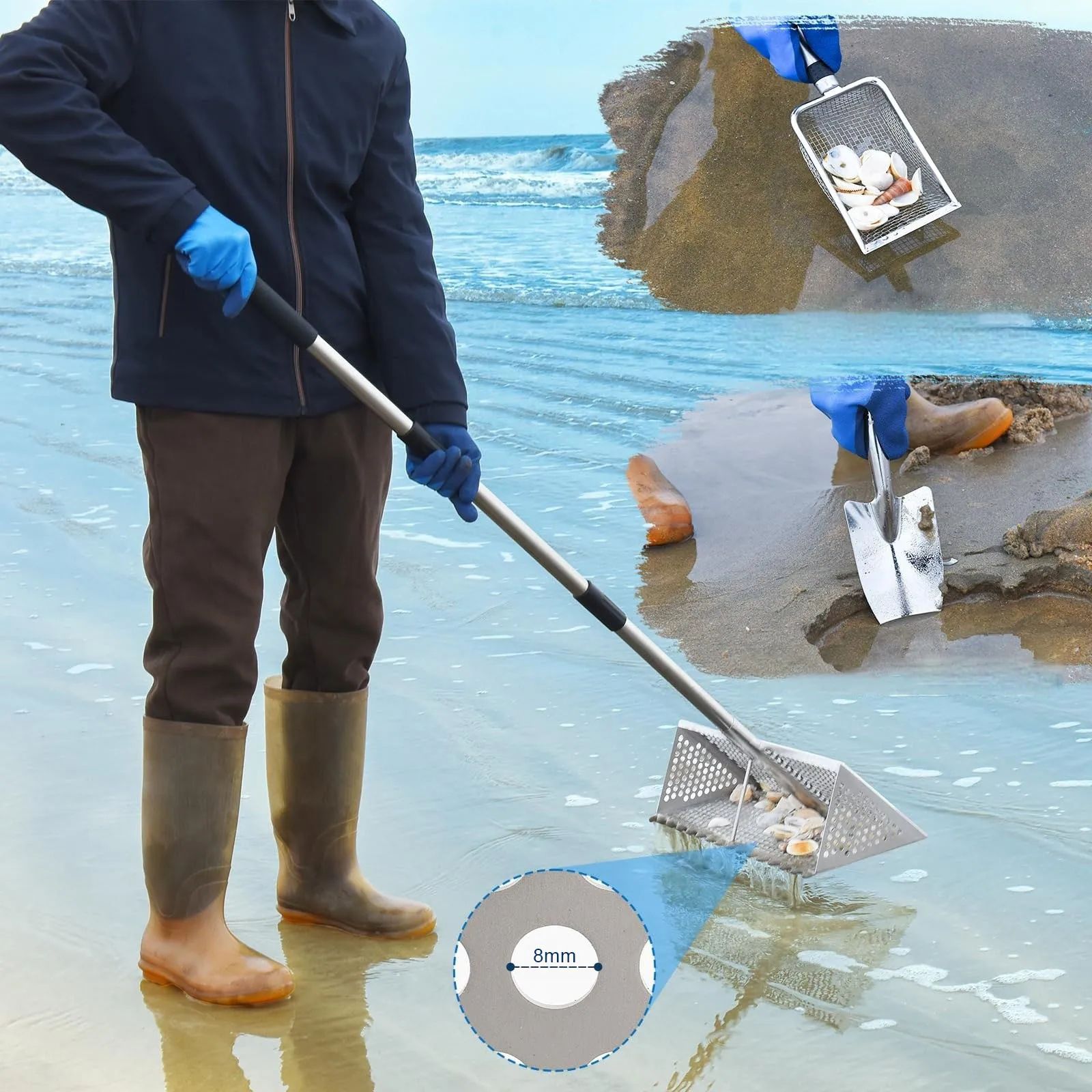 Sandsiebrechen mit ergonomischem Griff, aus Kohlenstoffstahl, mit scharfen Zähnen, abnehmbarer Konstruktion für den Außenbereich am Meer_voghion.com