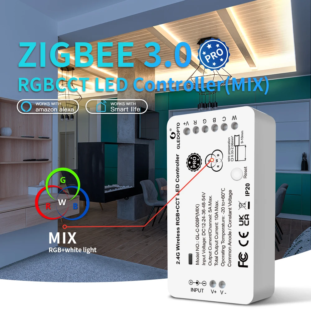 GLEDOPTO ZigBee3.0 LED Strip Controller RGBCCT Pro RGB White Light Mix Blend Homey Alexa Tuya SmartThings App RF Remote Control