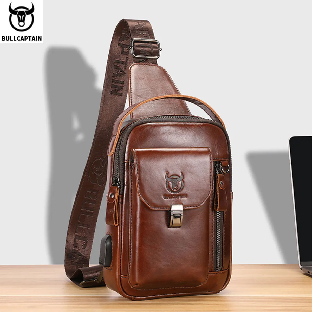 Mochila Tactica Bolso Bandolera De Cuero Para Hombre Con Puerto De