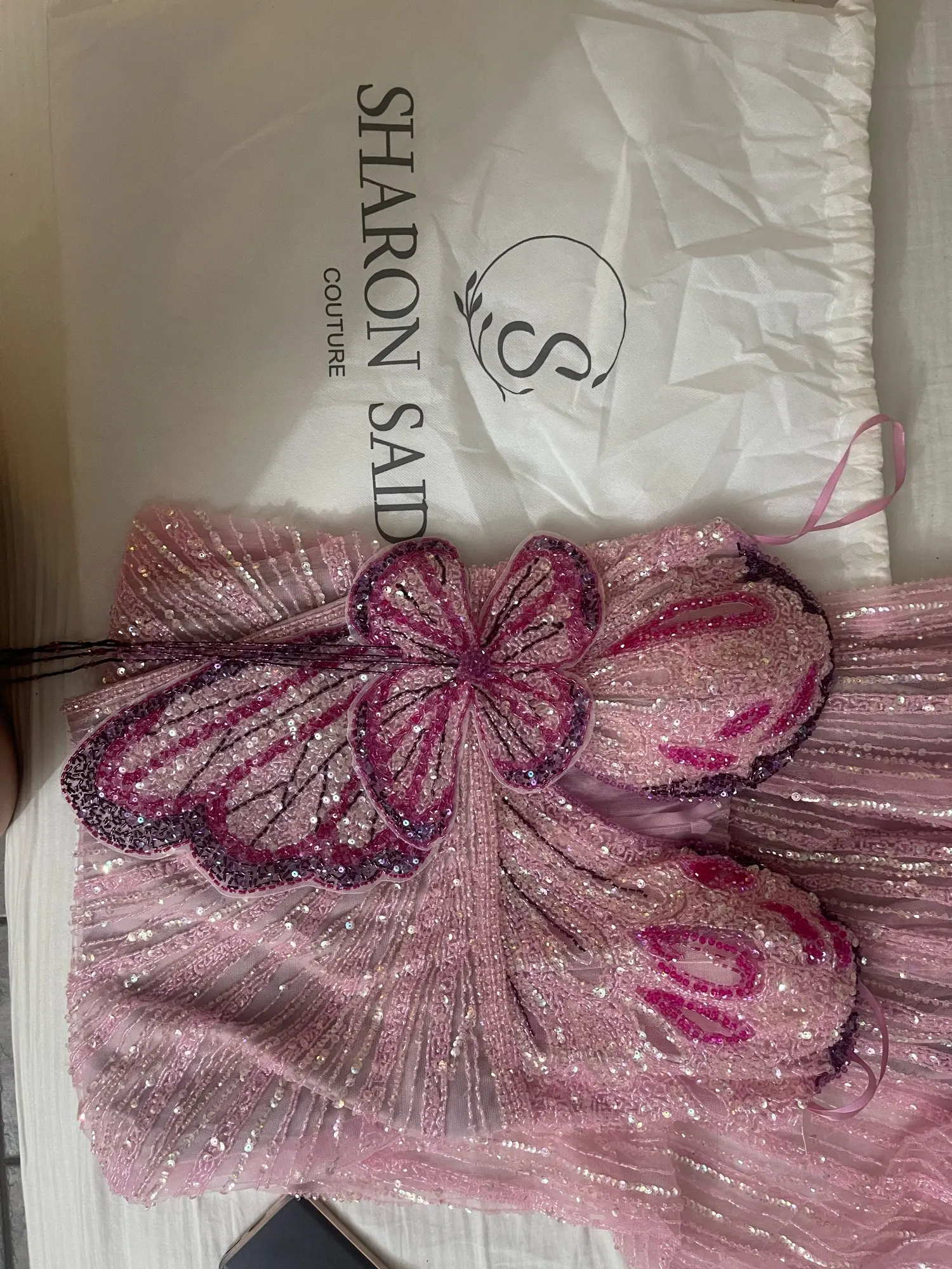 VC Pink Strapless Mermaid Long Dress Pearls Beaded Structured Flower Detail High Split Mesh Patchwork Bodycon Party Evening Gown