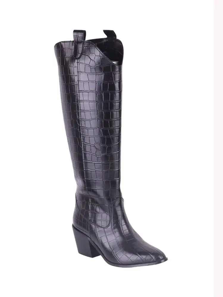 Crocodile Boots Women 2024 Autumn/Winter New Fashionable Knee High Heels Thick Heels Dress Party Women's Boots