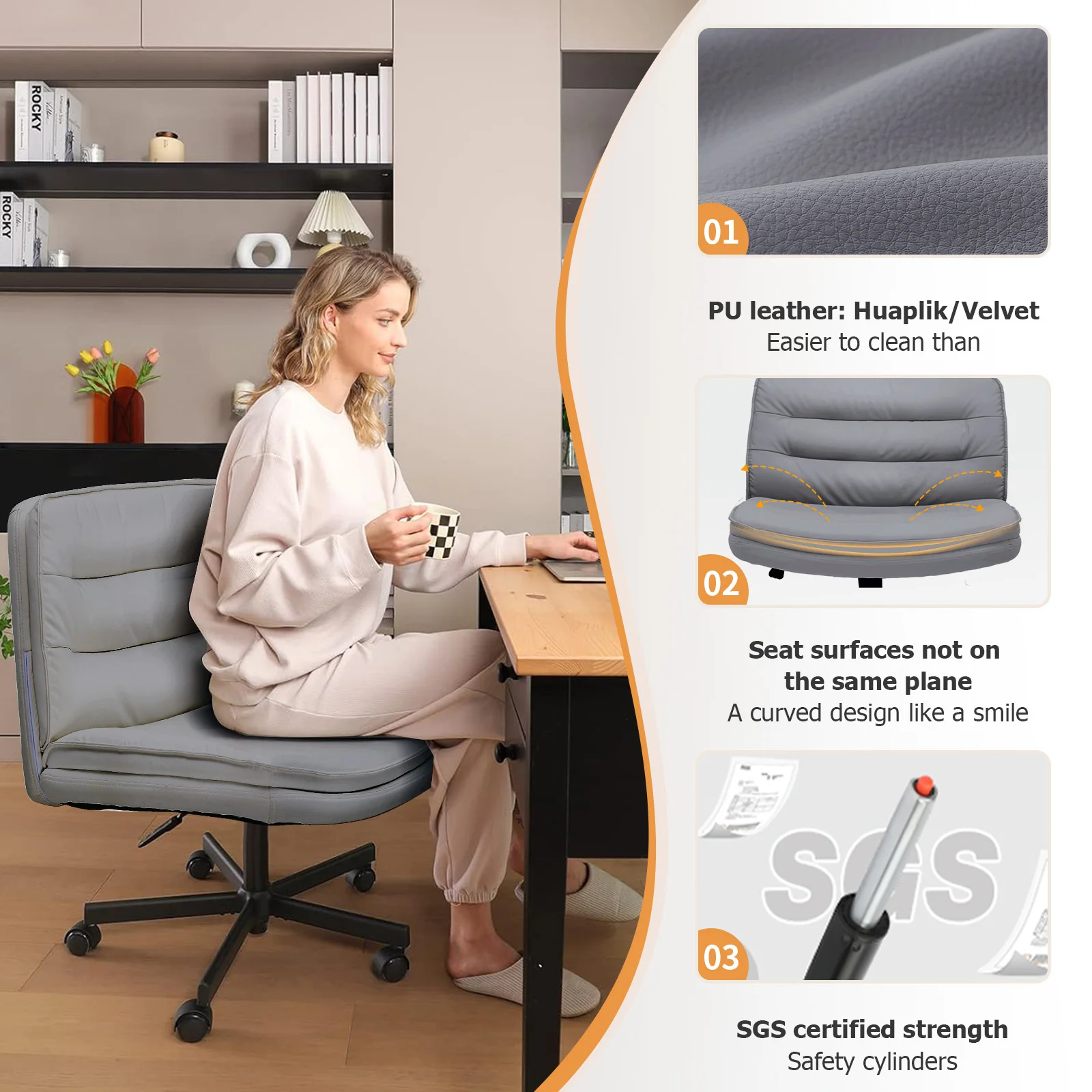 Criss Cross Chair with Wheels, PU Office Chair with Large Seat, Back Support & Adjustable Height for Home Use 6