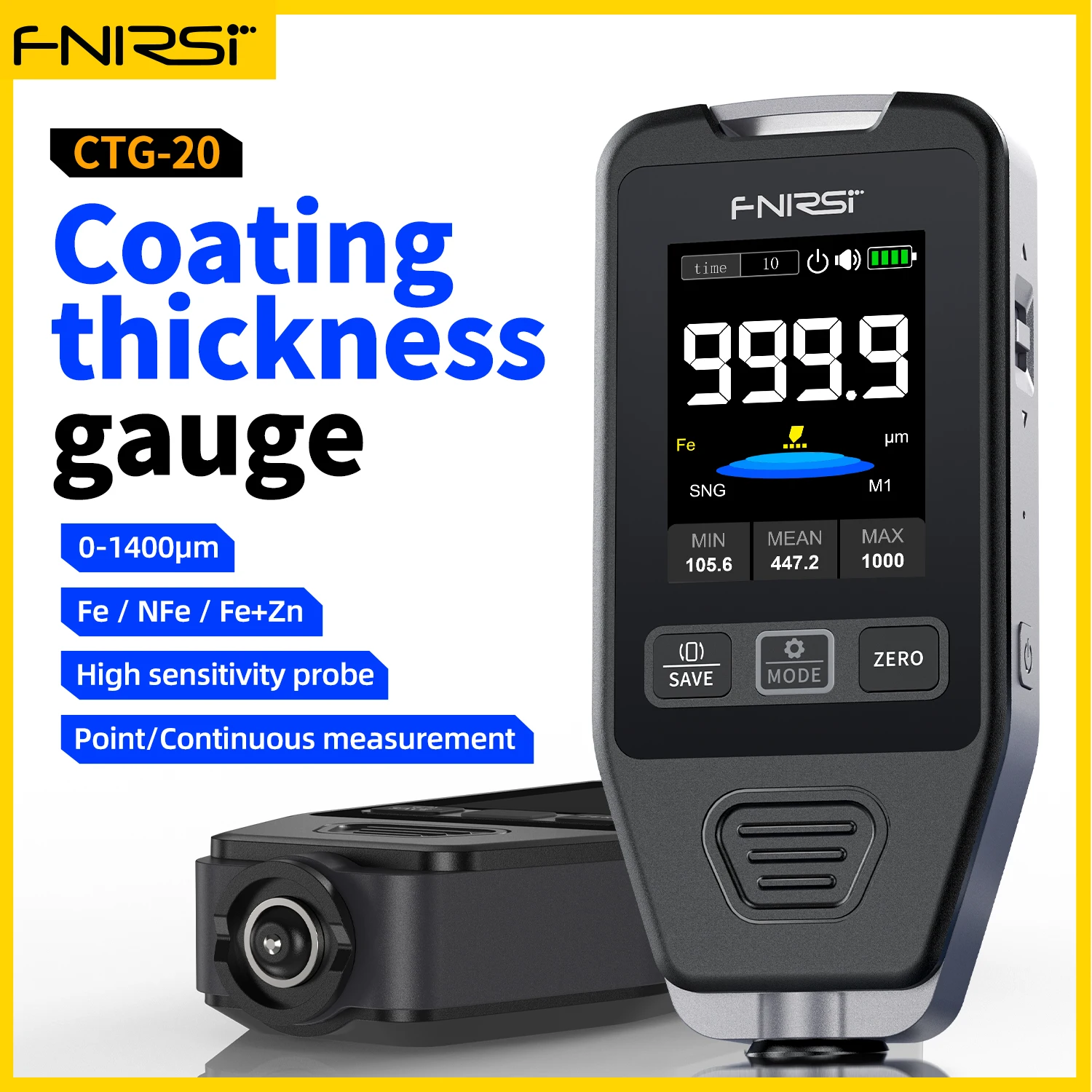 FNIRSI CTG-20 Car Paint Thickness Gauge Electroplate Metal & Putty Powder Coating Thickness Gauge for Car 0-1400um Fe nFe Fe+Zn paint coating meter paint thickness gauge