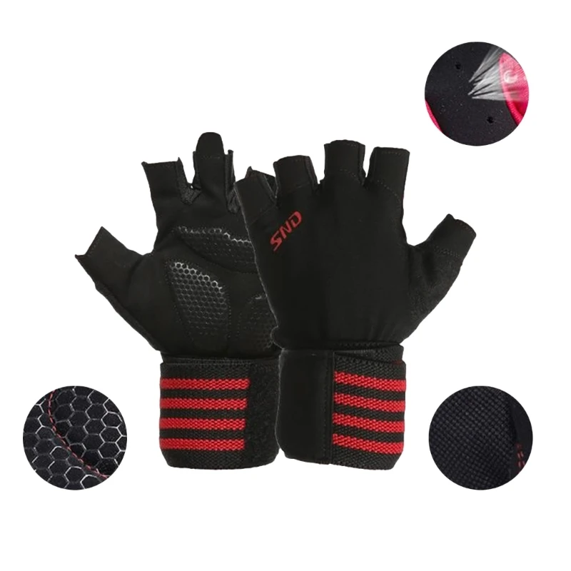 

Body Building Gym Training Fitness WeightLifting Red Gloves Wrist Wraps Workout Half Finger For Men & Women