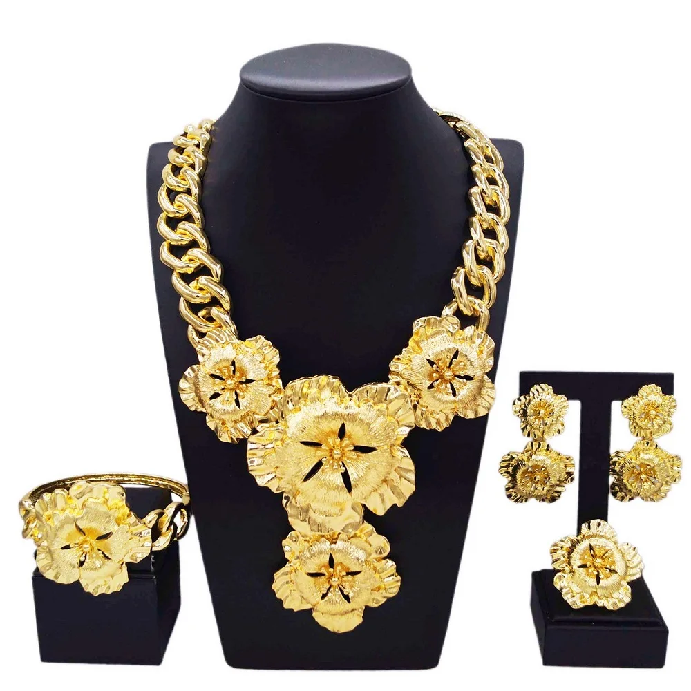 Jewelry Set For Women Cuban Chain Necklace Gold Plated Flower Big Pendant Italian Gold Earrings Luxury Wedding Party Bijoux