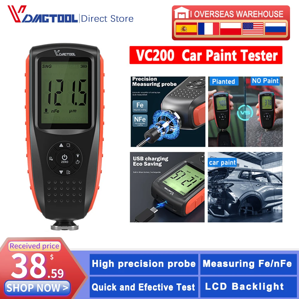 

VDIAGTOOL VC200 Coating Thickness Gauge 0.1micron/0-1500 Car Paint Film Thickness Tester Measuring FE/NFE RU Manual Paint Tool