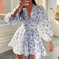 Women Floral Print Mini Dress High Waist A-Line Summer Autumn Long Sleeve V Neck Dresses Vintage Beach Vacation Casual Vestidos - Image 5