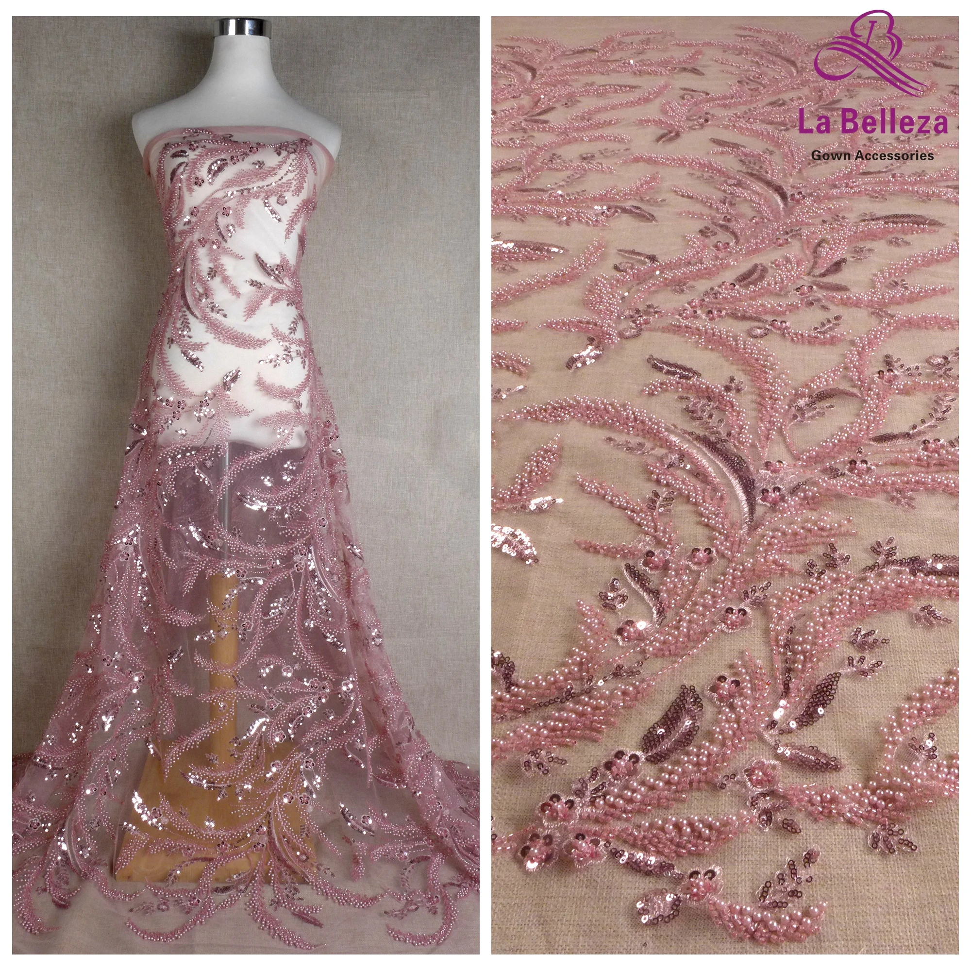 

La Belleza new wedding dress lace fabric ,pink pearls beaded sequins lace fabric leaves lace 1 yard