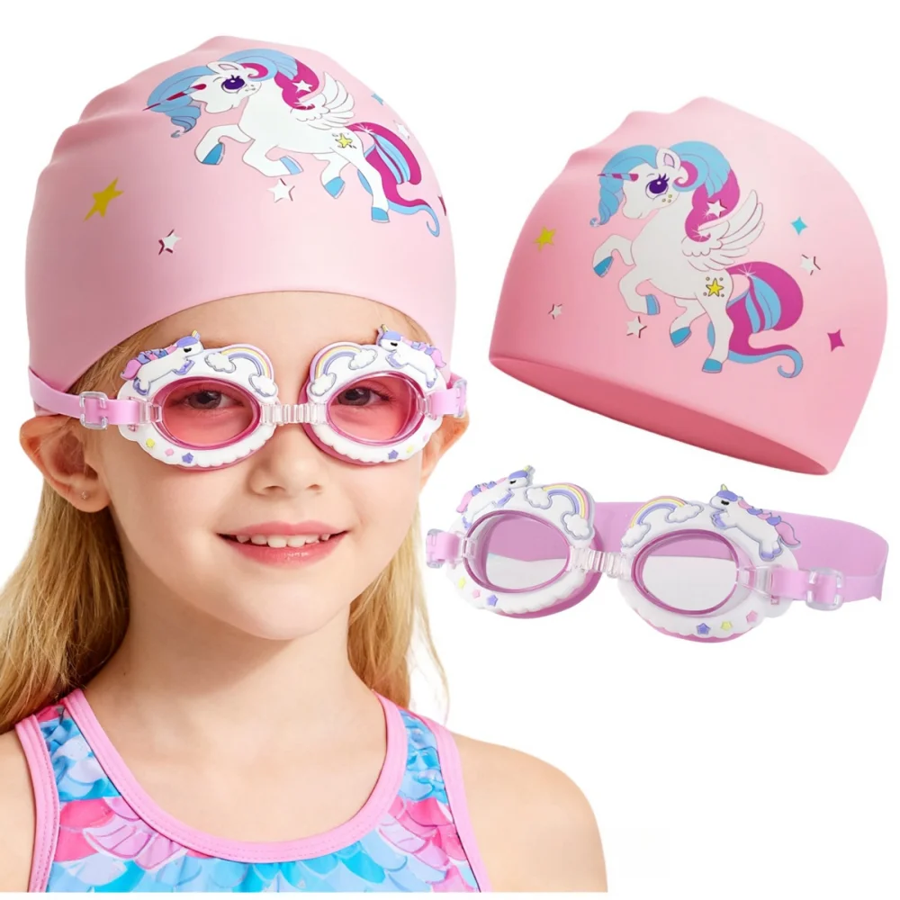 Set lunettes natation licorne rose enfant bonnet silicone étanche anti-buée sous-marin