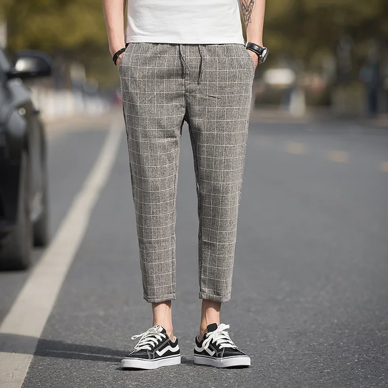 

2022 new Cotton Linen Harem Pants Men Plaid Elastic Waist Streetwear Joggers Autumn Wide-legged Baggy Casual Pants Trousers Mens