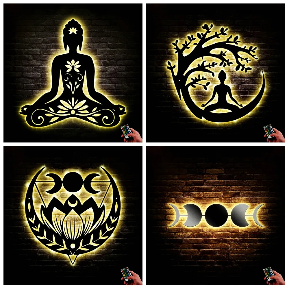 LED Buddha Moon Yoga Sconce Lamps Wood Wall Art With Remote Control 16 Colors Neon Sign Light Decoration For Living Room