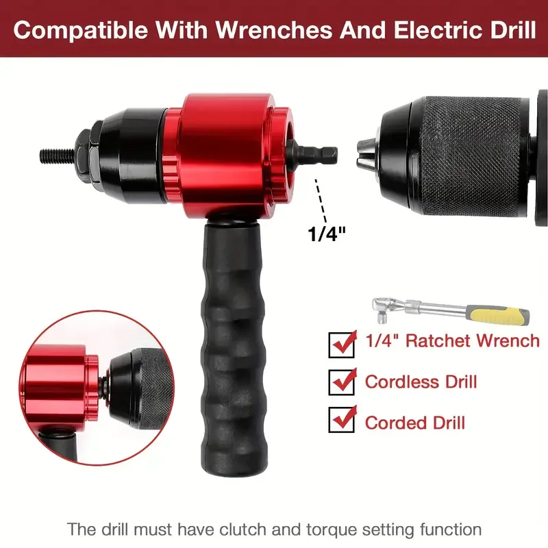 Metric + Imperial Rivet Nut Gun Set Home Cordless Rivet Gun Riveting Tool 10pcs Head 1/4 Inch Hexagonal Handle Interface