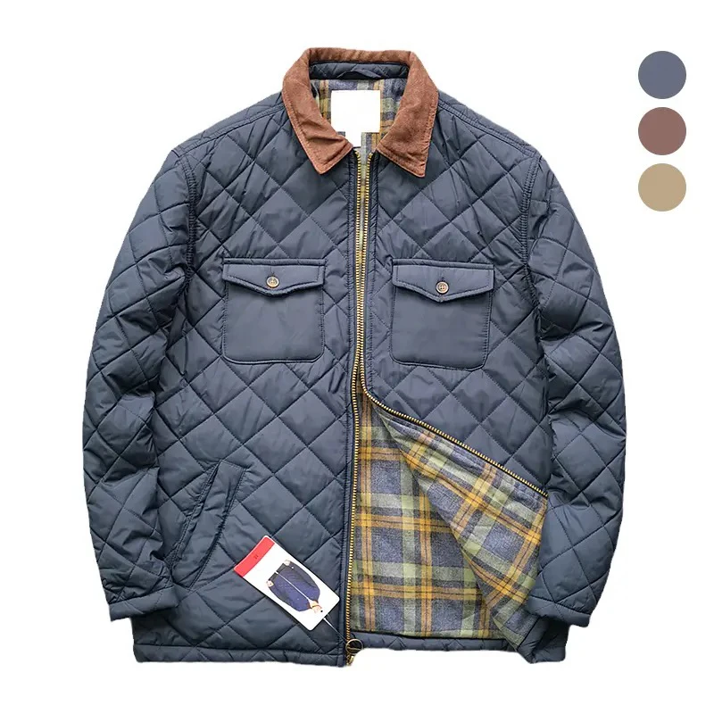 

Cotton Scoop Neck Jacket Waterproof Pocket Cotton Coat Men's Winter Spring Checked Jacket Retro Casual Coat Men Coats Men