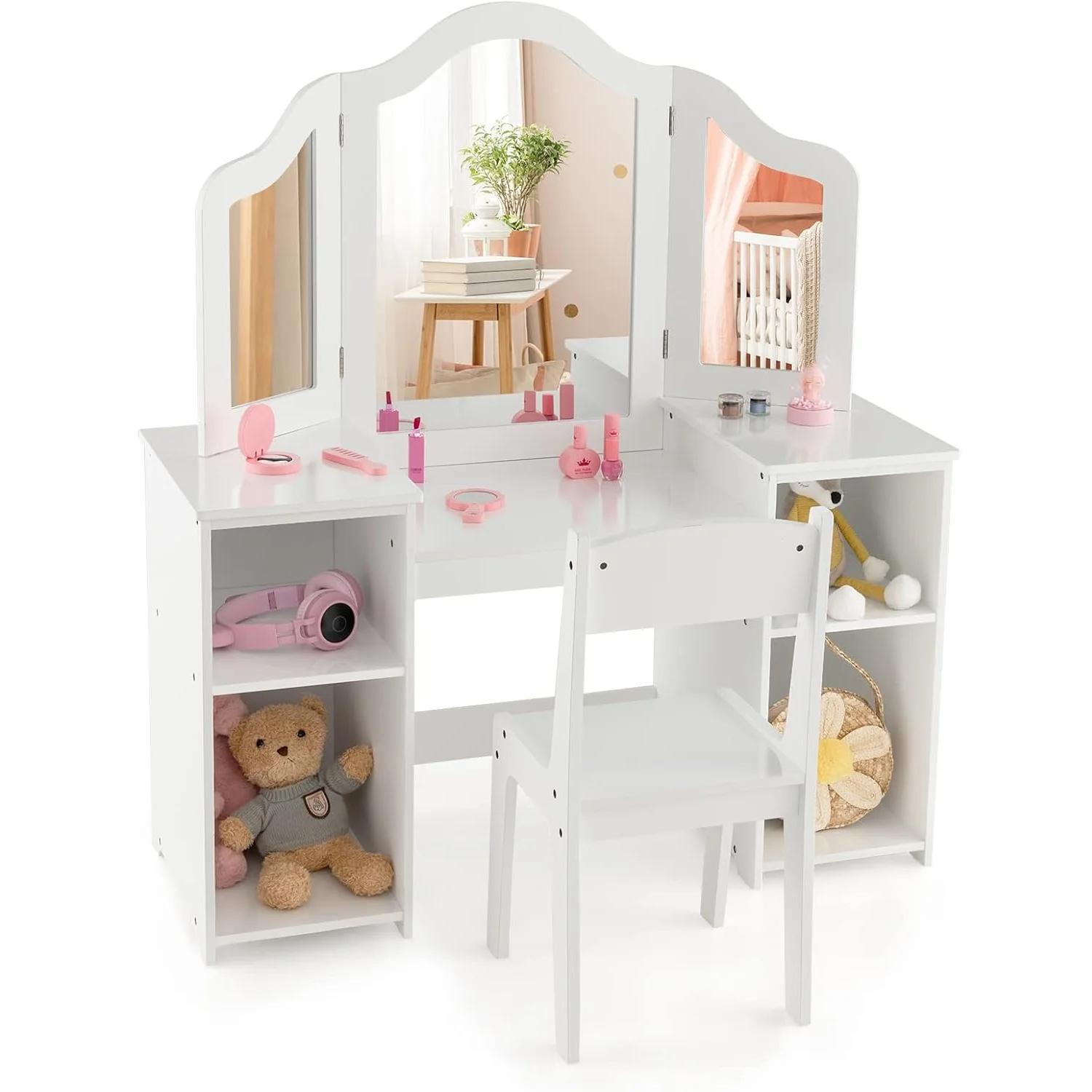Vanité pour enfants, ensemble bureau et chaise de maquillage princesse 2 en 1 avec miroir amovible à trois volets, grandes étagères de rangement, simulation en bois