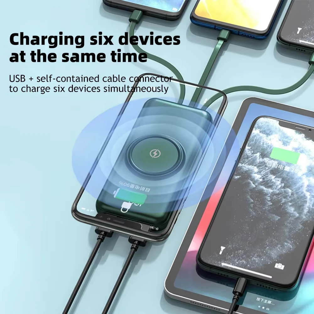 New 30000mAh Wireless Power Bank Fast Charging Built-in Quad Power Cable Mobile Phone Charger For iPhone 14 15 16 Xiaomi Samsung 4