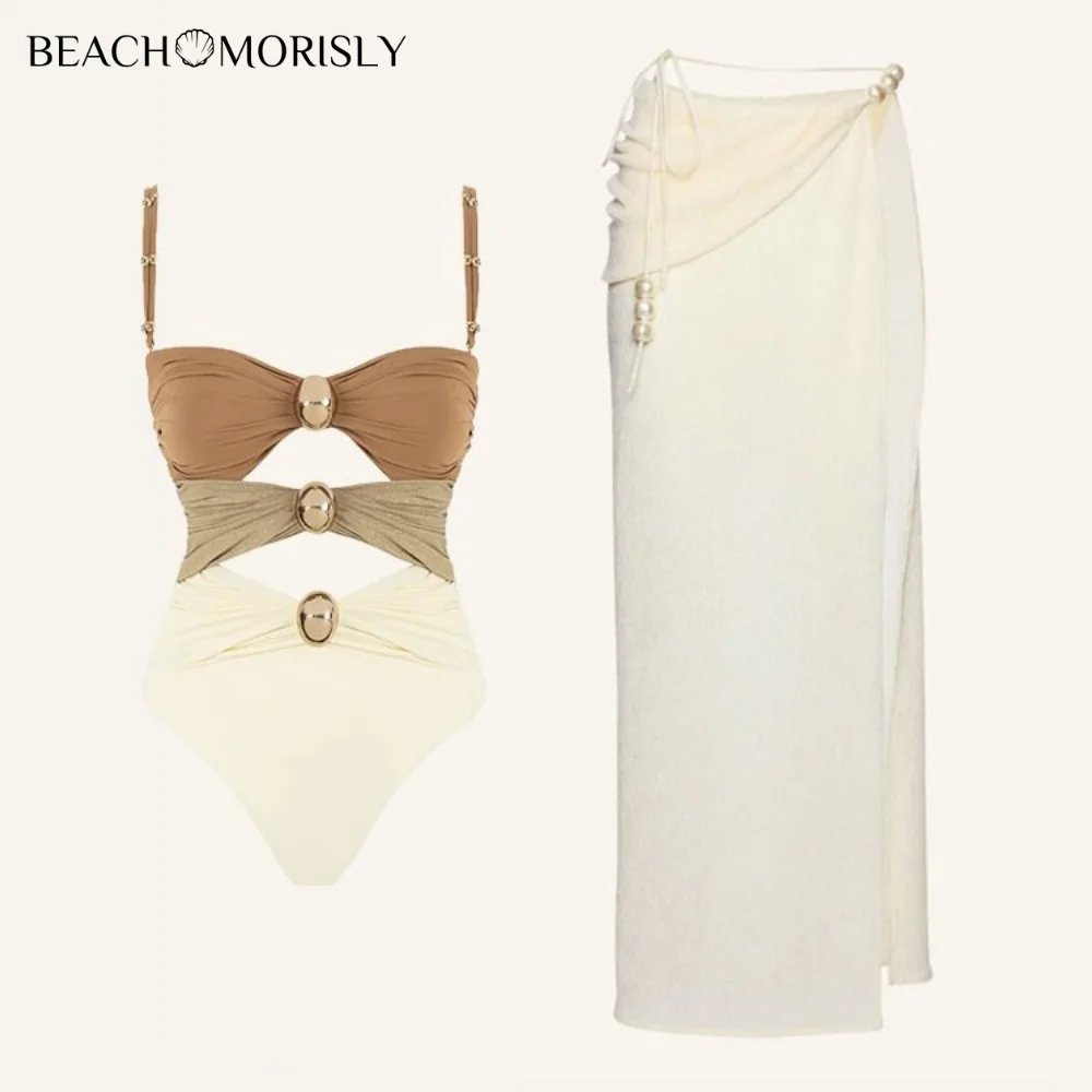 2024 Women‘s ’ New  Buttons One Piece Swimsuit and Sarong Vacation Swimwear Summer Women Beachwear Bathing Suit Bikini Set