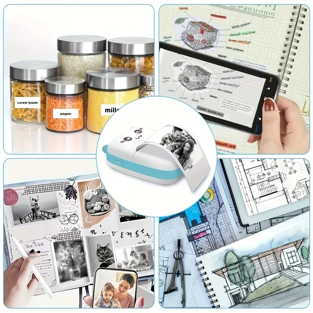 휴대용 스마트 포켓 무선 미니 프린터, 무선 연결 및 USB 충전, 앱 지원 즉시 인쇄, 잉크 없음, 호환 가능