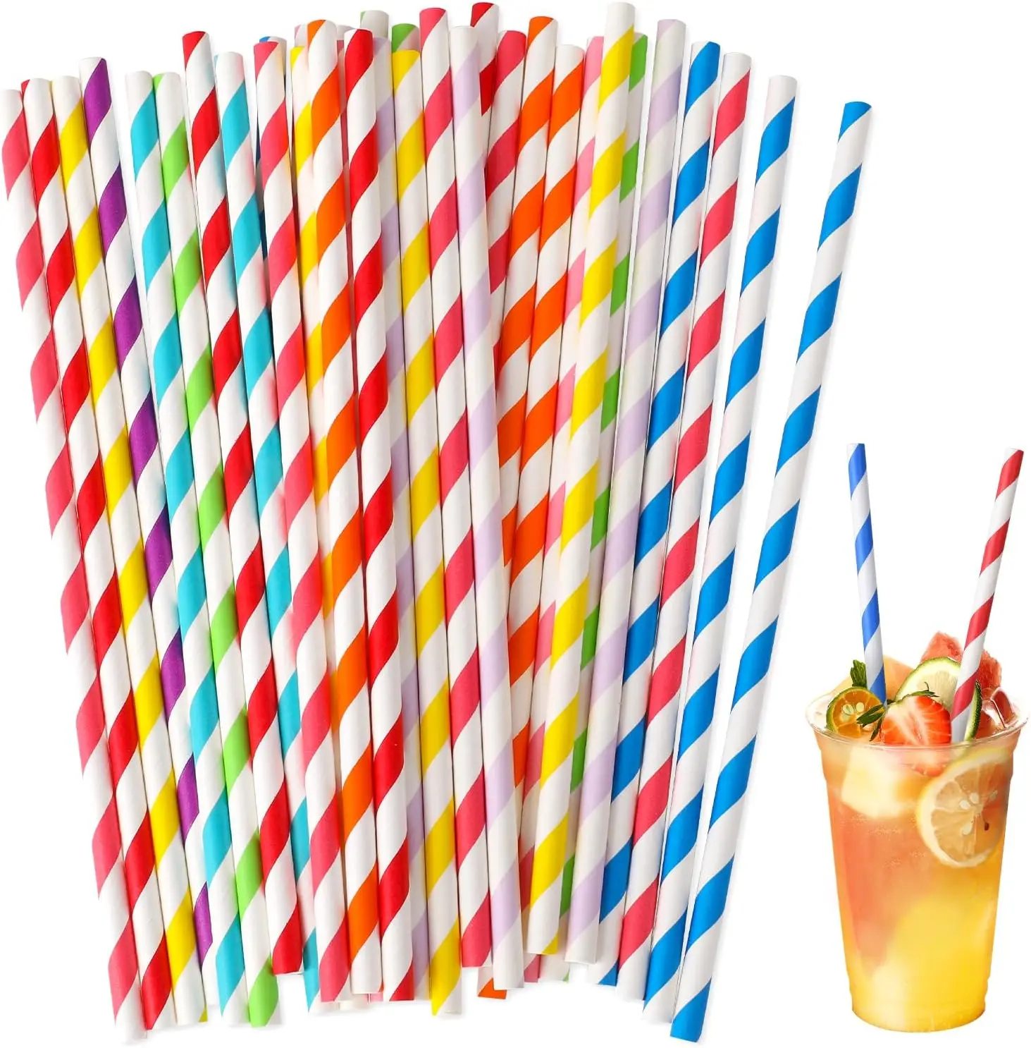 Biodegradable Paper Straws Bulk Assorted Rainbow Colors Striped Drinking Straws for Juice shakes Cocktail Coffee Soda Milkshakes