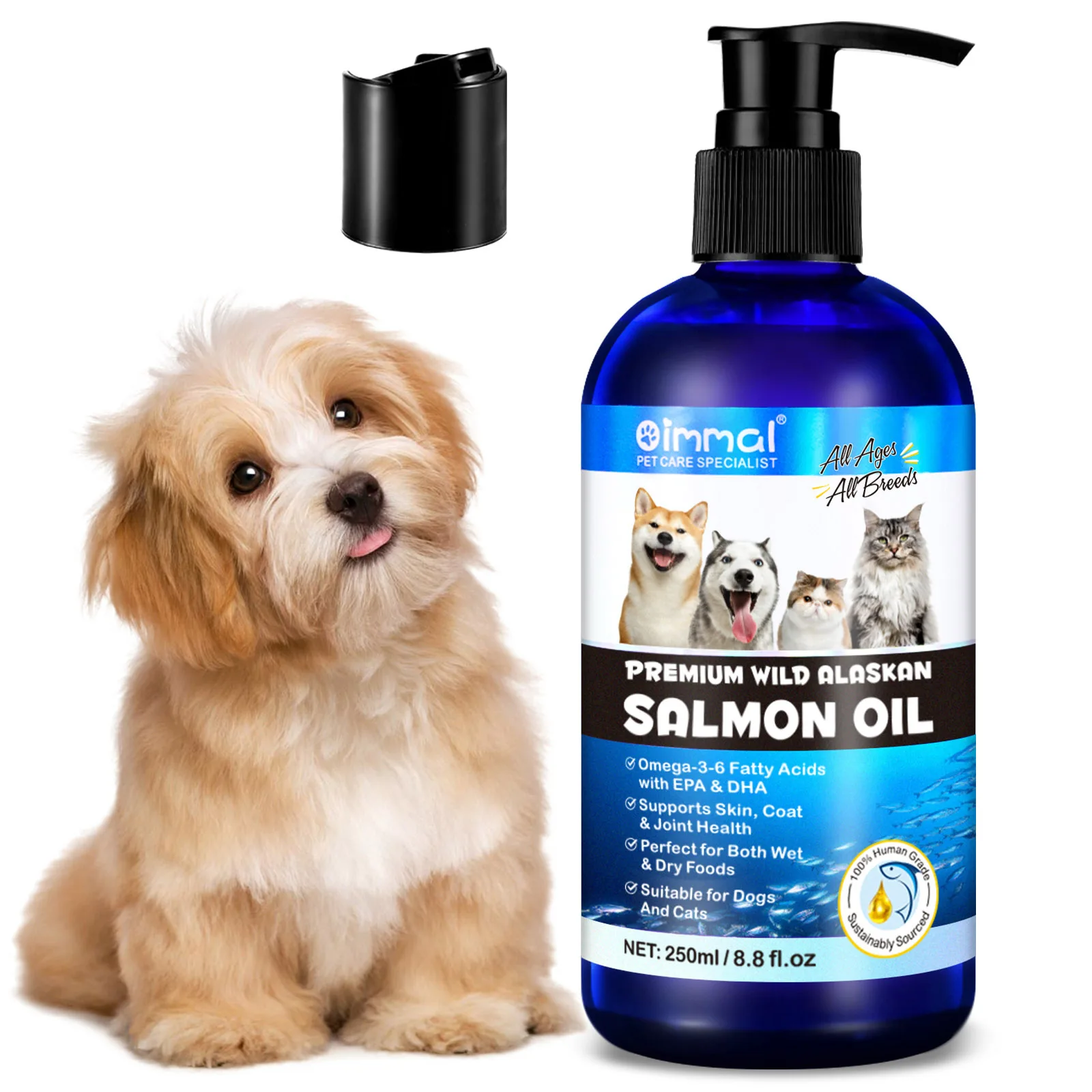 Premium Wild Alaskan Salmon Oil Omega-3-6 Fatty Acids with EPA DHA Supports Skin Coat Joint Health for All Ages Breeds Dogs Cats pet nutrition supplement