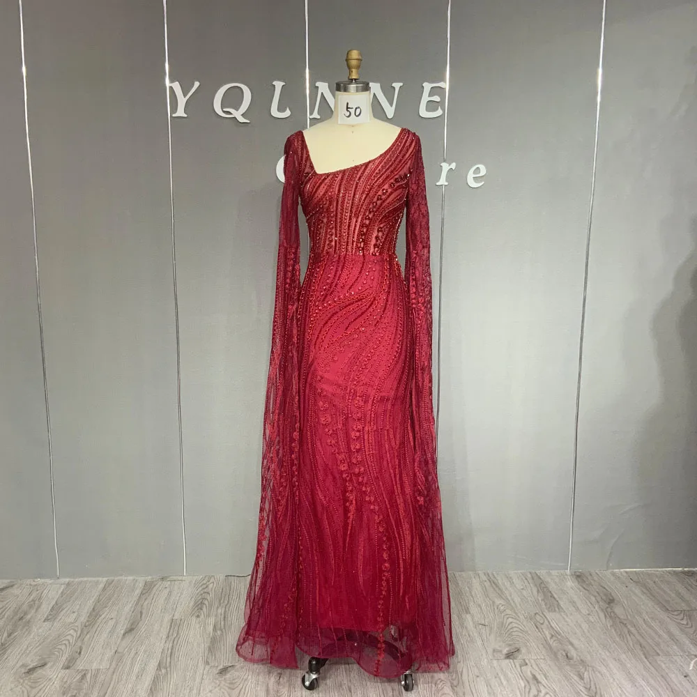 

Dubai Burgundy Long Sleeve Embroidered Evening Dresses Crystals Beaded Formal Women Mermaid Gown For Party YQLNNE 2023