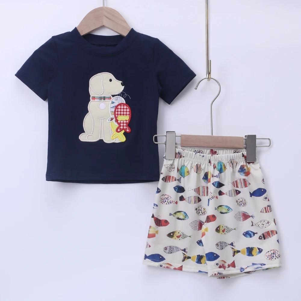

Baby New Kids Cotton Short Sleeved Black T-shirt Set Round Neck Puppy Embroidery Boy Top Clothes And Fish Pattern Shorts Suit