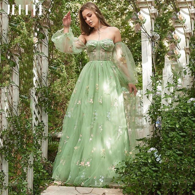 Jeheth Green Embroidery Prom Dress Fairy Strapless Puff Sleeves Evening Gown  Backless Party Women Vestidos De Ocasión Formales - Prom Dresses -  AliExpress