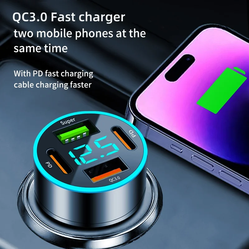 66W USB Car Charger 4 Ports USB Type C Fast Charging QC3.0 For iPhone Samsung Huawei Xiaomi Car Charger