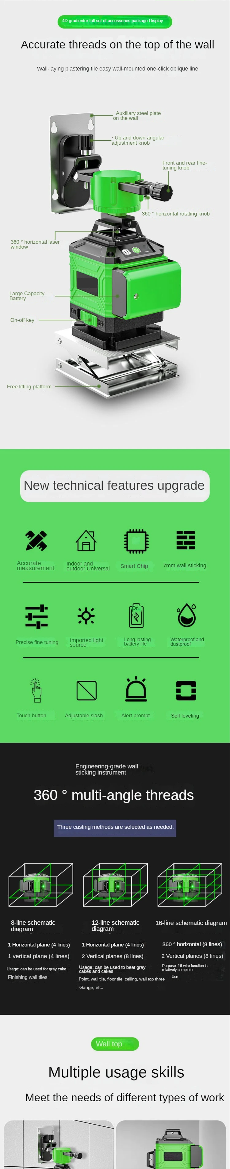 Dispositivo de nível laser com feixe verde 4D em exposição