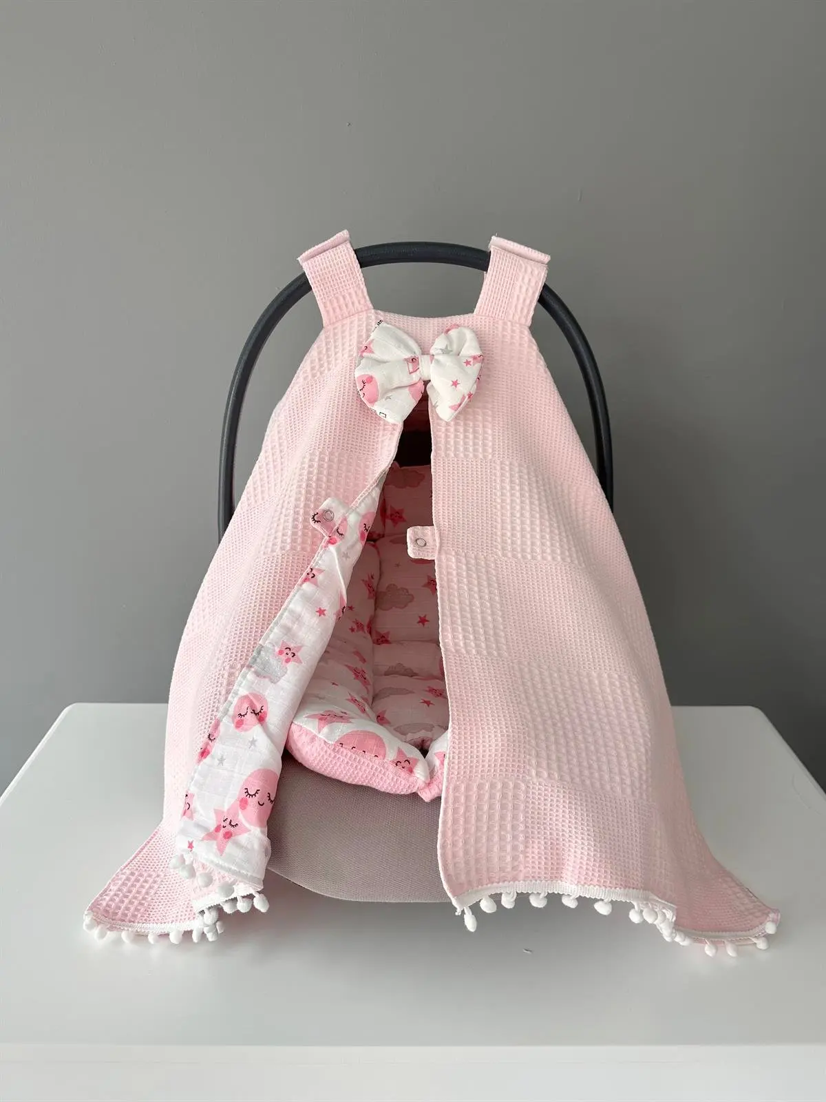 

Handmade Pink Waffle Fabric Organic Stroller Cover and Cushion