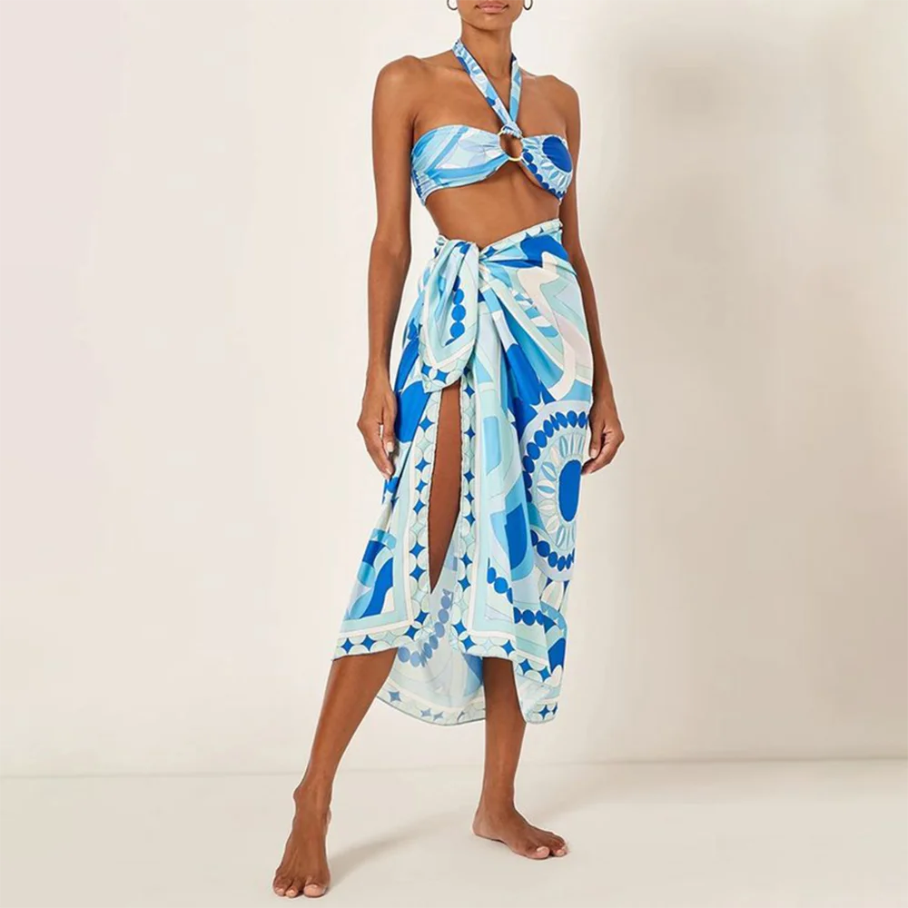 

Blue Printed Halterneck Two-Piece Swimsuit And Skirt Cutout Open Back Micro Bikini Sexy Women's Tummy Tuck Swimwear 2022 Stylish