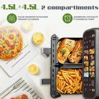 Friteuse à air chaud sans huile à double panier de 9 L avec fenêtre, friteuse électrique à air chaud avec minuterie, friteuse numérique de taille familiale pour usage domestique, 10 programmes automatiques avec écran tactile LED, 2 compartiments indépendants de 4,5 L, taille four familial 3