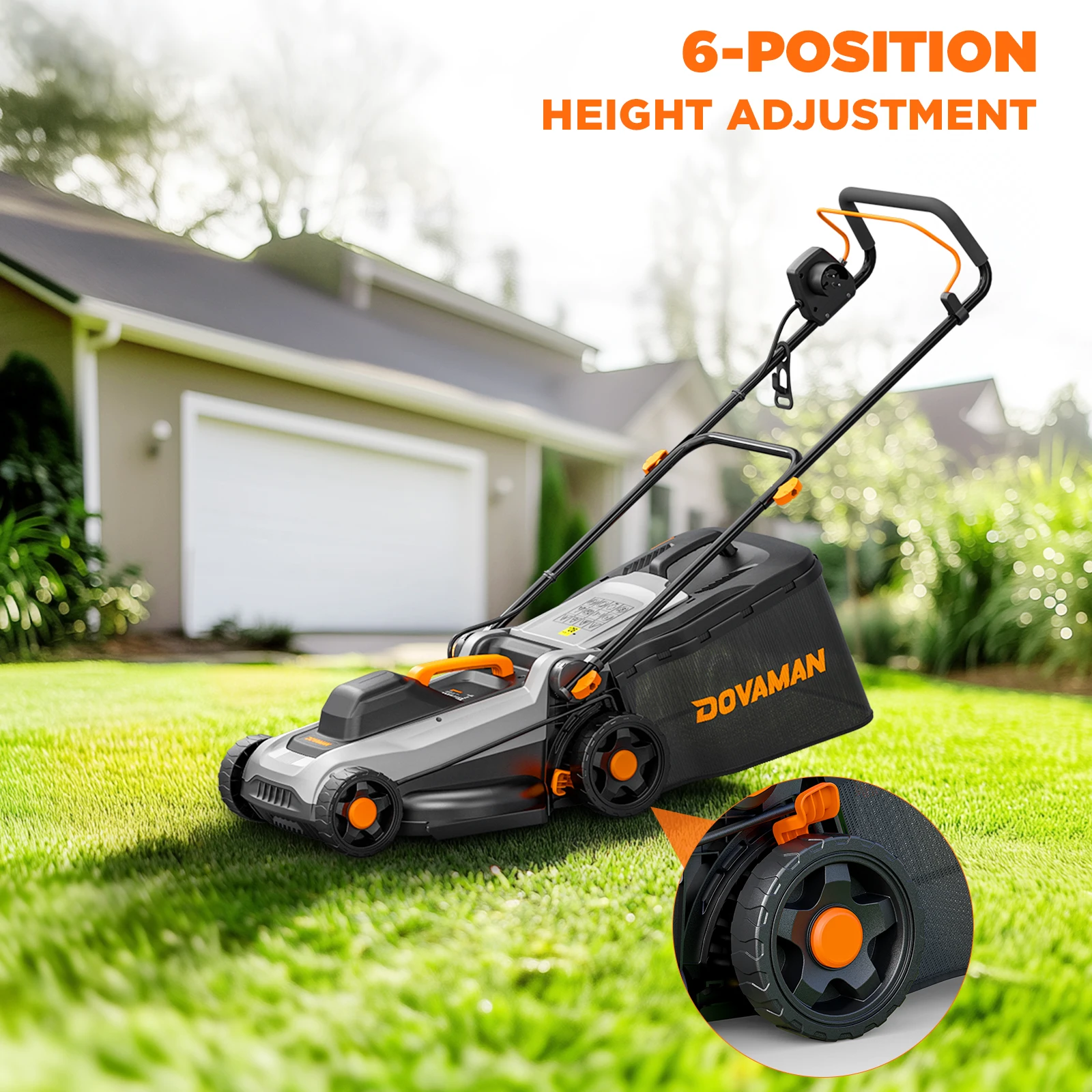 Tosaerba Elettrico DOVAMAN 1500W, Taglio 36cm, Raccolta 95%, 6 Impostazioni Altezza, Cesto Raccoglierba 40L, Funzione 2-in-1 Mulching e Raccolta - immagine 4