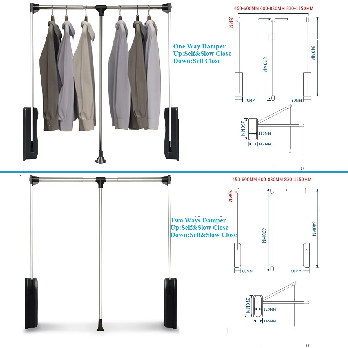 Single Double Buffered Pull Down Closet Hanging Rod Width - Main Image