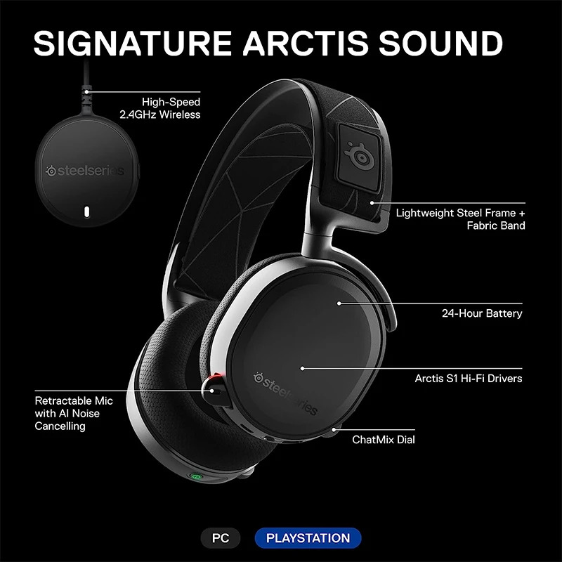 SteelSeries-auriculares inalámbricos Arctis 7 para videojuegos, cascos sin  pérdidas con DTS: X v2.0 Surround, para PC y PlayStation 4