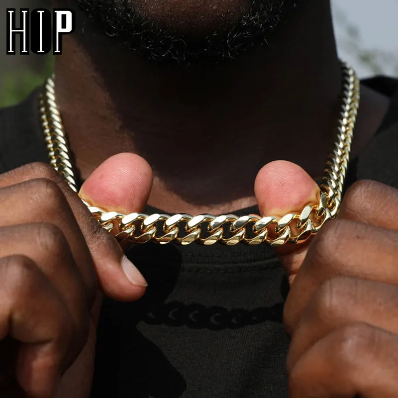 

Hip Hop 10MM Miami Cuban Link Chain Brass Necklaces Iced Out Box Clasp Necklace Gold Color for Men Women Jewelry