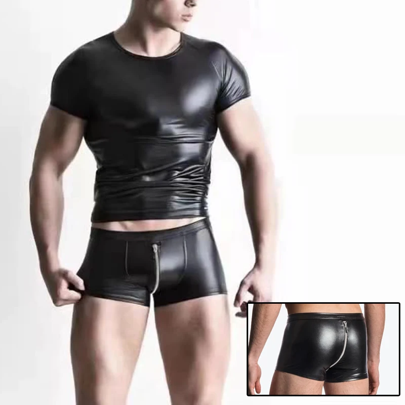 

Men's Leather Suits Black Wetlook Sexy Over Crotch Zipper Underwear Tight Strengthy T-shirts
