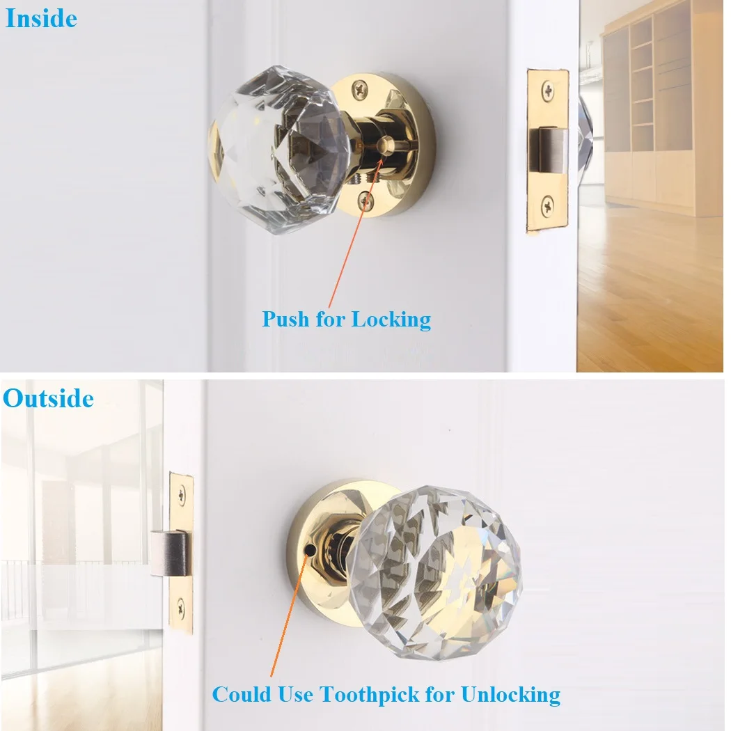 Keyless Privacy Door Lock Push Pin Clear Crystal Ball Egg Shaped Knob Chrome Gold Square Round Rossette