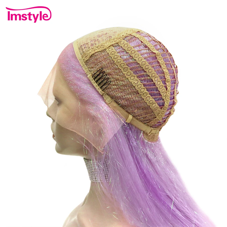Imstyle Tinsel Lace Wig Pink Ombre Synthetic Lace Front Wig Long Straight Wigig Costume Party Wigs