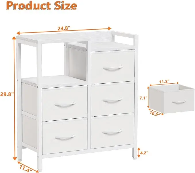5-Drawer White Dresser - 2-Tier Shelf & Fabric Storage - Sturdy Metal Frame - Modern Design - Compact for Bedroom, Closet 3