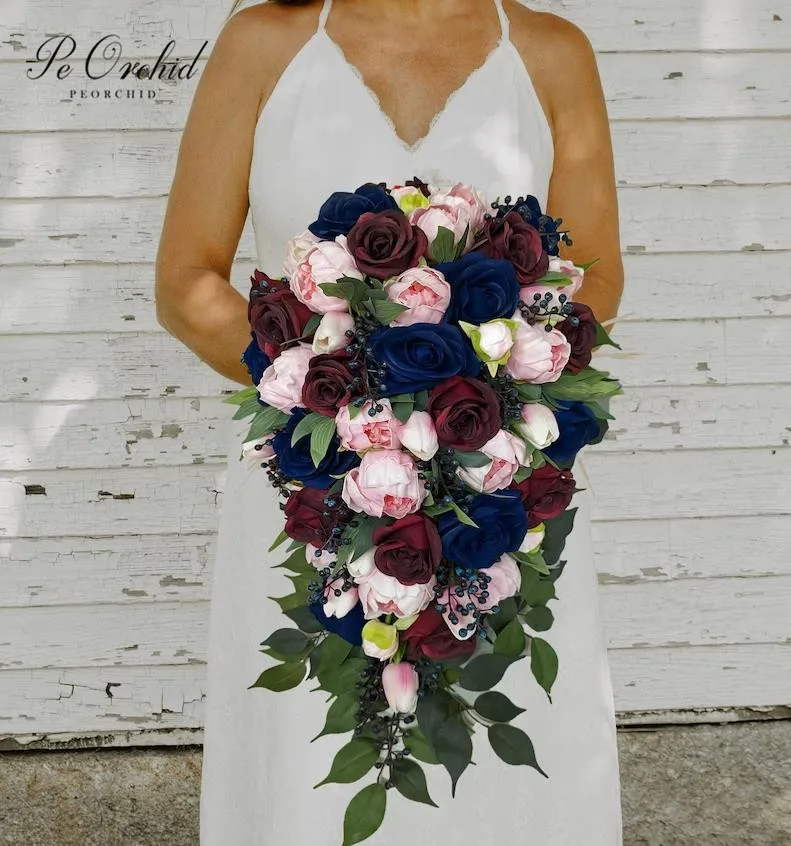 PEORCHID Luxury Cascade Bridal Bouquet Burgundy Pink Blue Tulips Roses Peonies Berries Colorful Large Wedding Bouquet For Bride