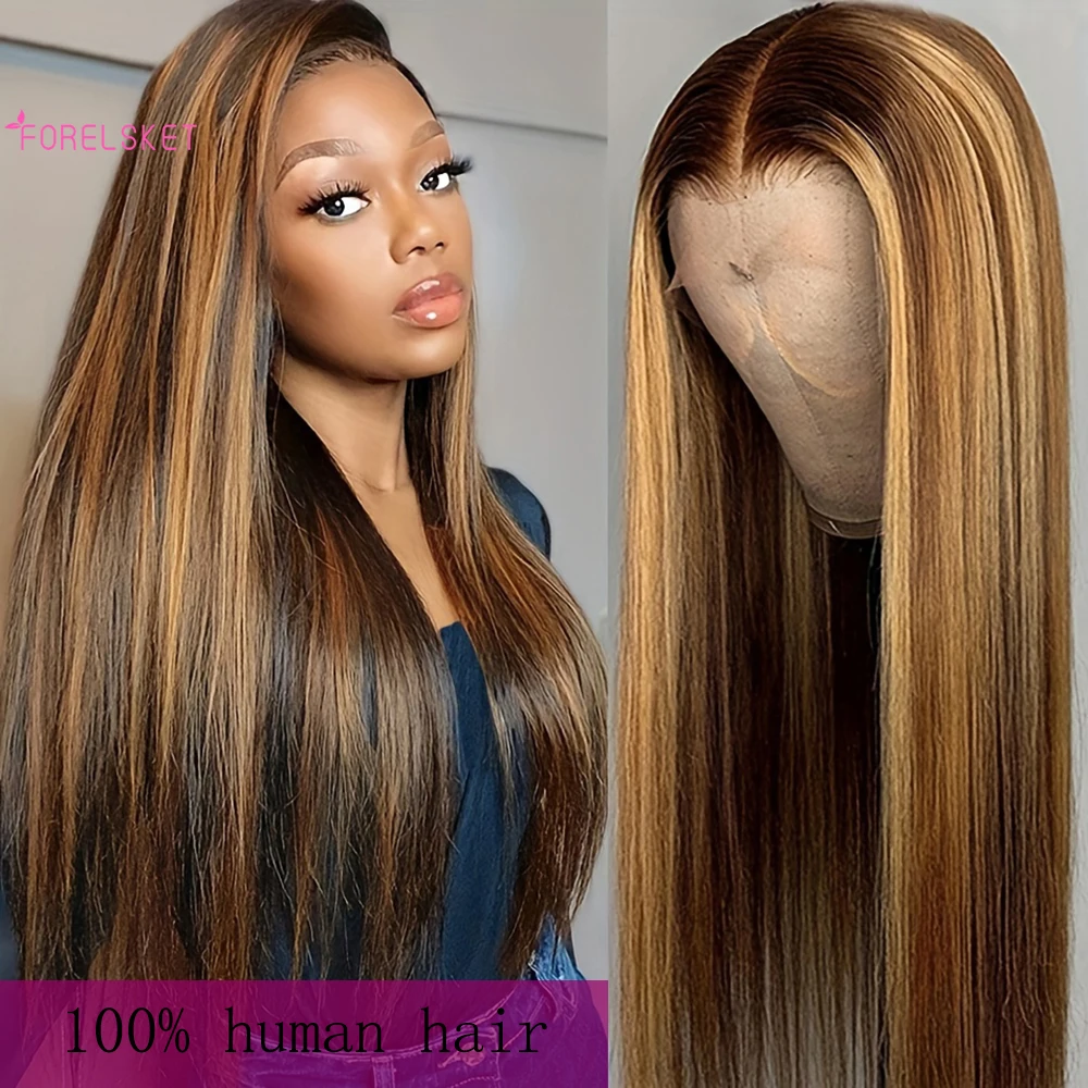 

FORELSKETOmbre Straight Human Hair Wig 4/27 Blonde Ombre Lace Front Wig Human Hair 13x4 Pre Plucked With Baby Hair 180% Density