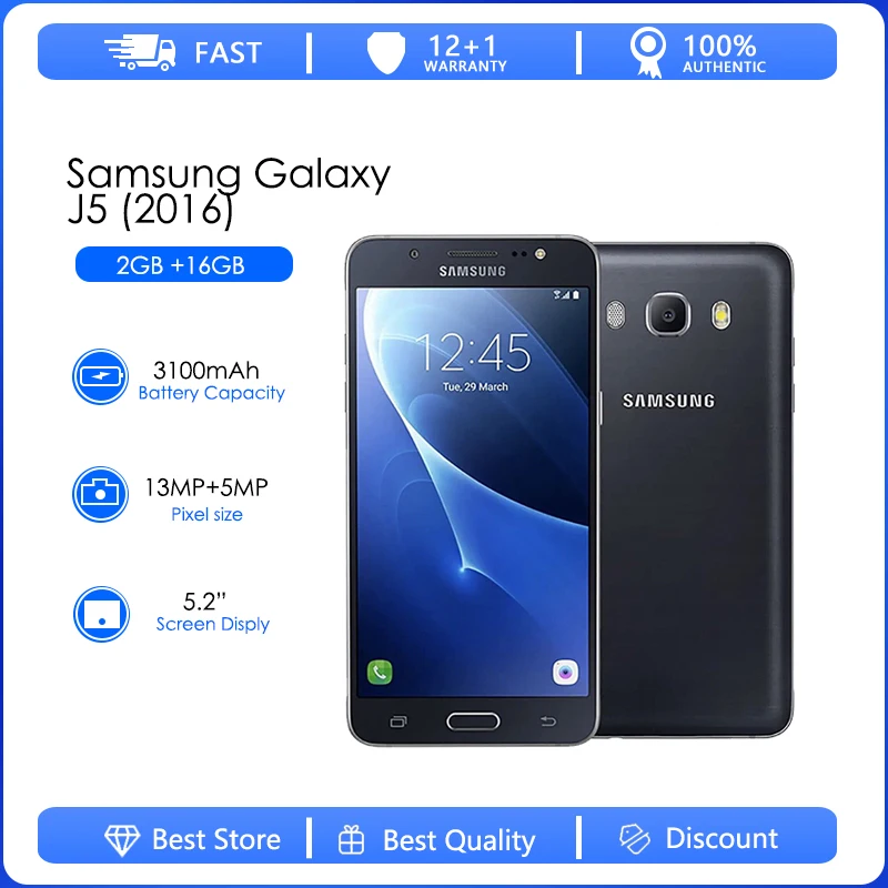 

Samsung J5(2016) J510F Refurbished-Original Unlocked 5.2Inch 2GB RAM 16GB ROM LTE 4G 13.0MP Dual Sim Camera Octa Core Phone