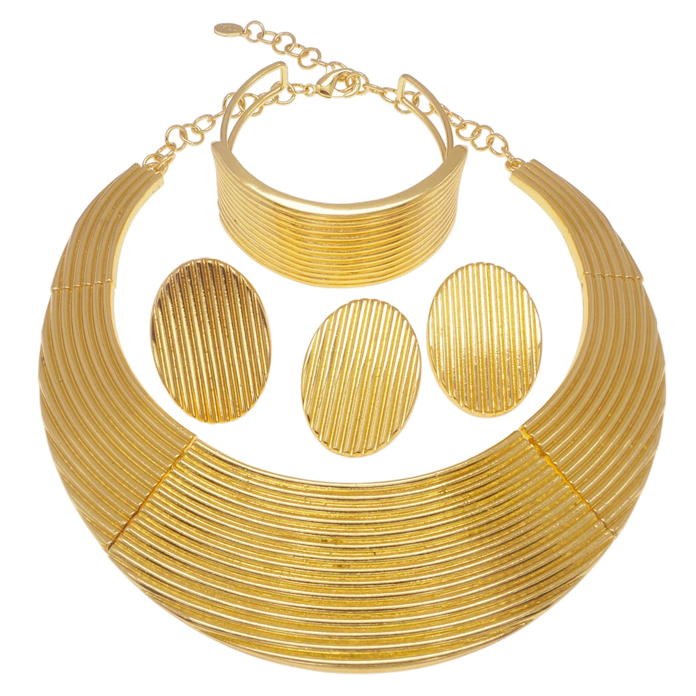 

Italian Gold Plated Necklace Set Round Pendant Ring Simple Fashion Style Shiny EarringsWomen Nigerian Wedding Banquet Jewelry